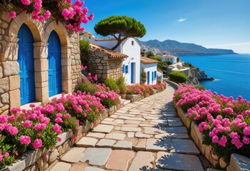 Fototapeta premium picturesque coastal scene with a vibrant blue ocean, a stone pathway lined with pink blooming flowers, and traditional Mediterranean architecture under a clear sky.
