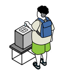 投票するバックパックを背負った男性　アイソメトリック　後ろ姿