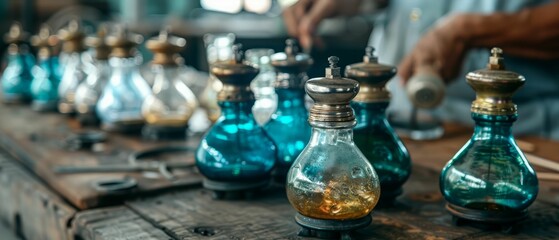 Vintage Glass Pepper Mills on a Wooden Table.