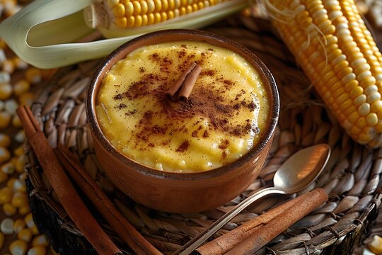 Delicious Brazilian sweet creamy dessert curau de milho mousse of corn with cinnamon