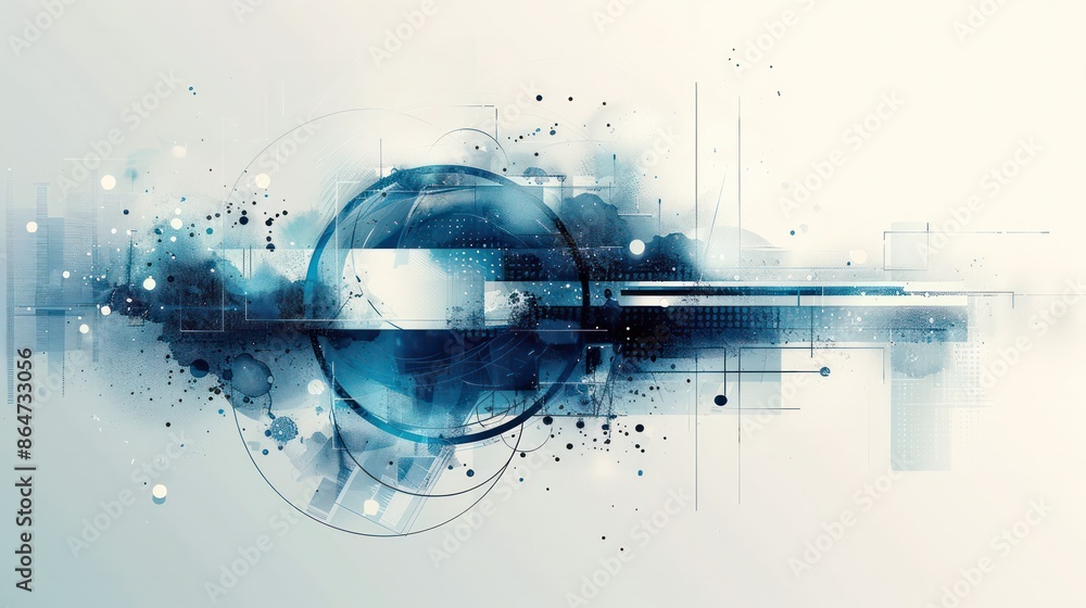 Poster a blue and white abstract design with a circle in the middle
