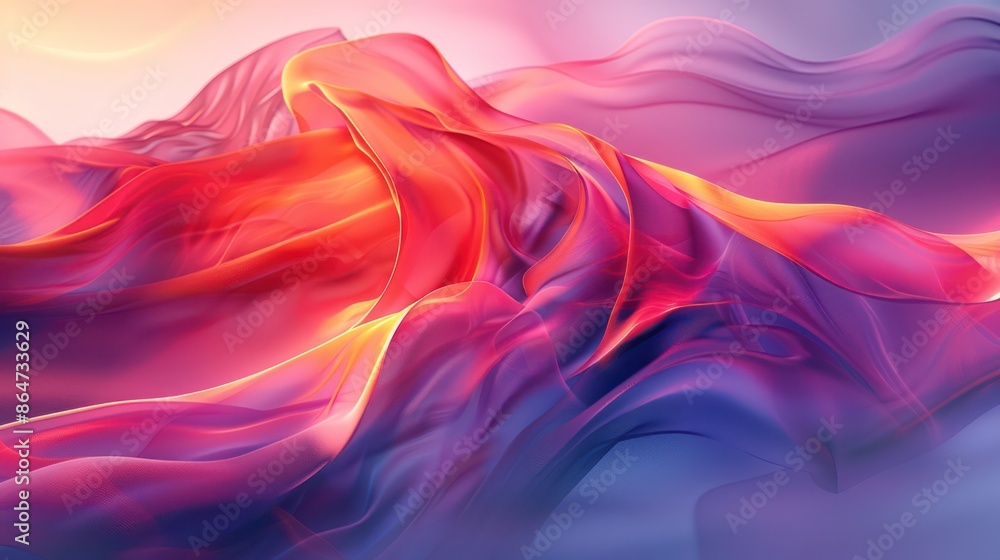 Poster a colorful, abstract painting of a mountain range with a red