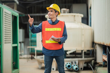 Asian engineer diligently inspects machinery in an industrial factory.Asian workers diligently...