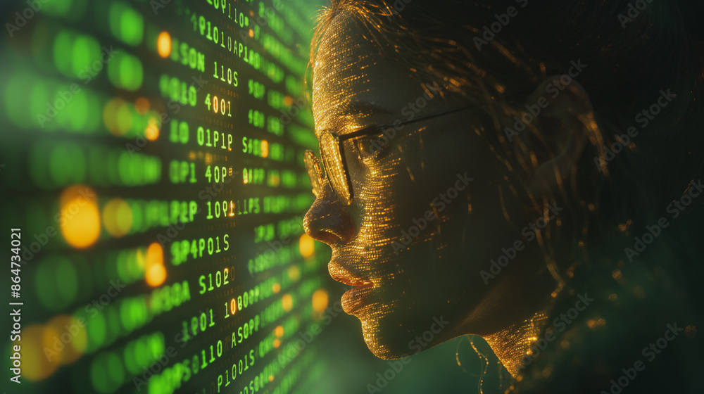 Poster a woman is looking at a computer screen with a lot of numbers and letters. concept of confusion and 
