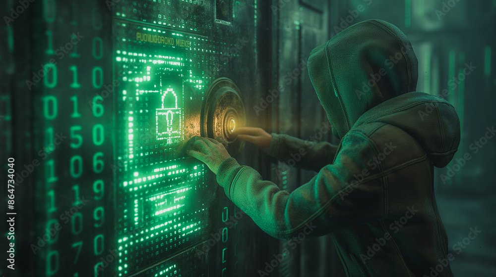 Poster a man in a hoodie is hacking into a computer system. the computer screen is lit up with green number