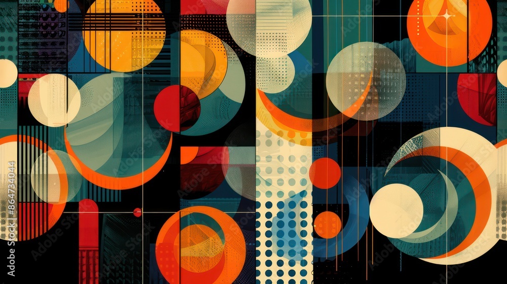 Poster a colorful abstract painting with many different colored circles and squares