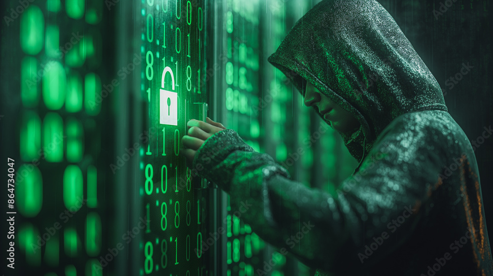 Poster a man is trying to open a green lock on a computer screen. the lock is glowing and the man is wearin