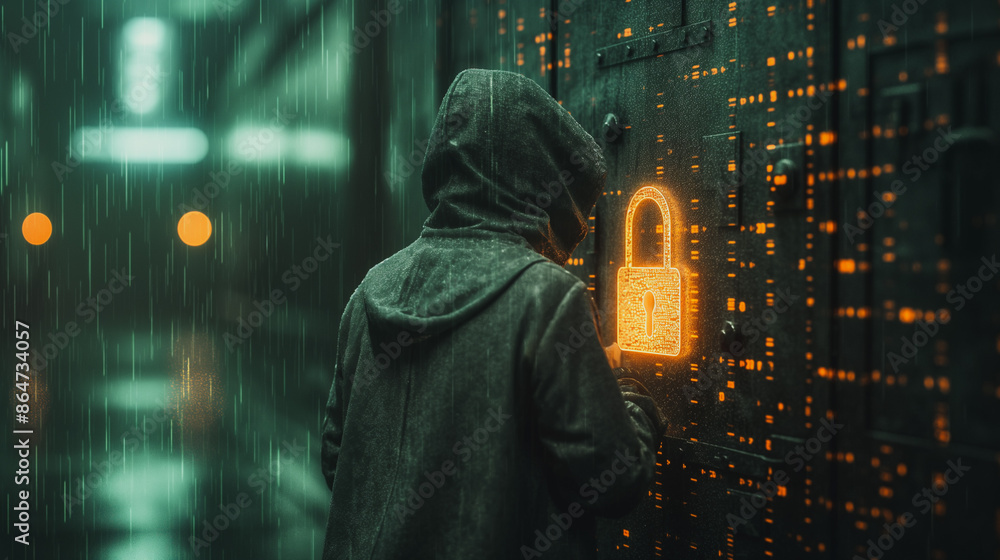 Poster a man in a hoodie is trying to open a door with a glowing lock. the image has a dark and mysterious 