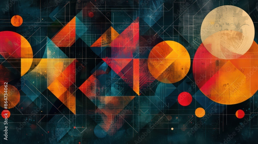 Aufkleber a colorful abstract painting with a blue background and red and yellow circles