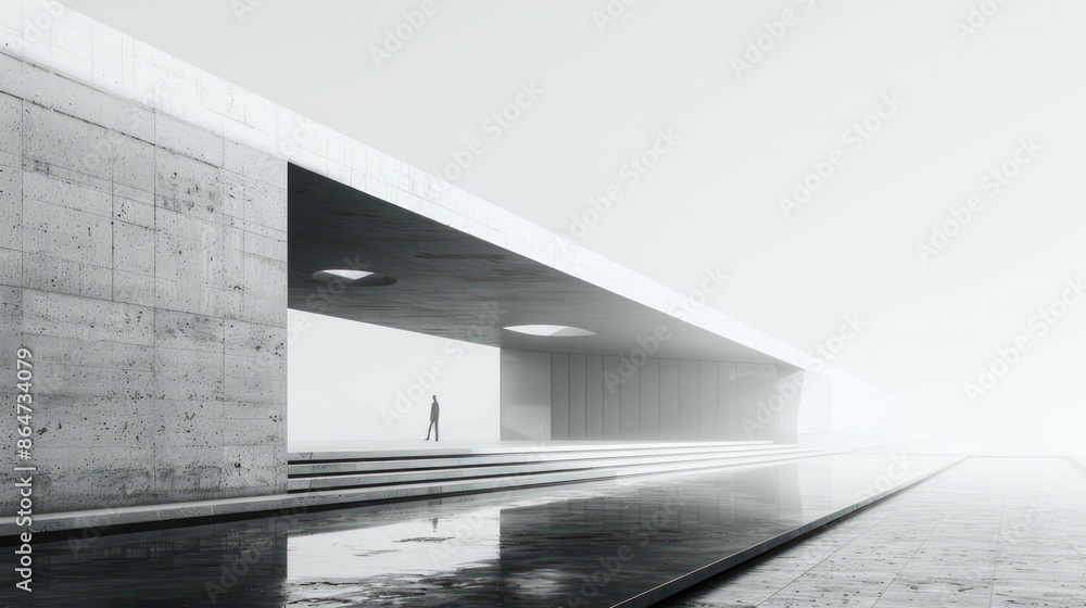 Poster A man walks across a bridge in front of a large building
