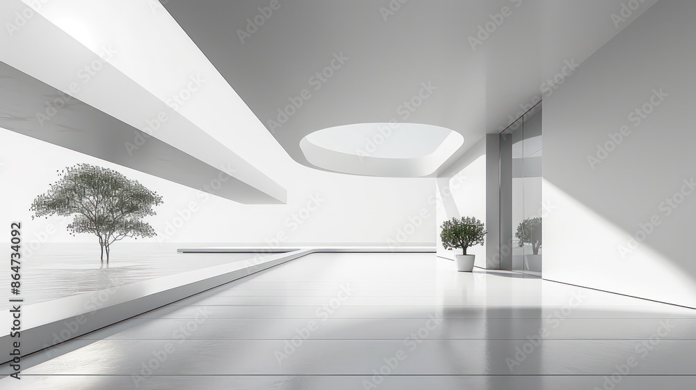Poster a white room with a tree in the middle and a window