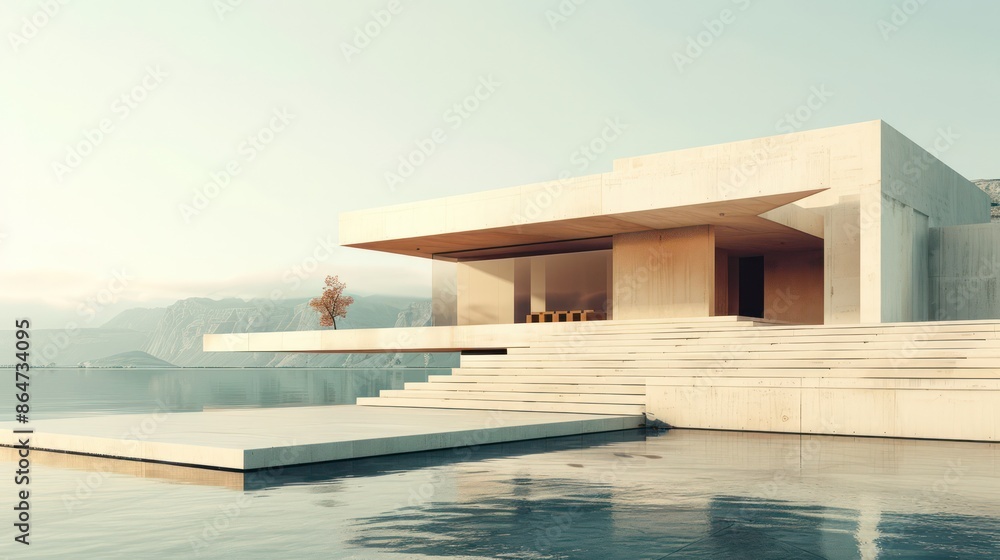 Poster A large white house with a pool and a tree in front of it
