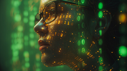 A woman's face is projected onto a green screen with a lot of numbers. Concept of technology and artificial intelligence, as the woman's face is made up of binary code