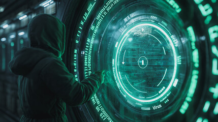 A man is touching a green screen with a virus on it. The man is wearing a hoodie and he is in a dark room