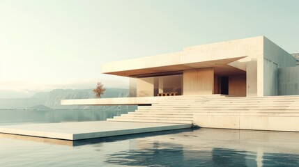 Fototapeta premium A large white house with a pool and a tree in front of it