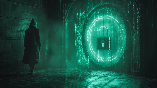 A man is walking in a dark room with a green door that has a lock on it. The room is dimly lit and the man is wearing a hoodie. Scene is mysterious and ominous