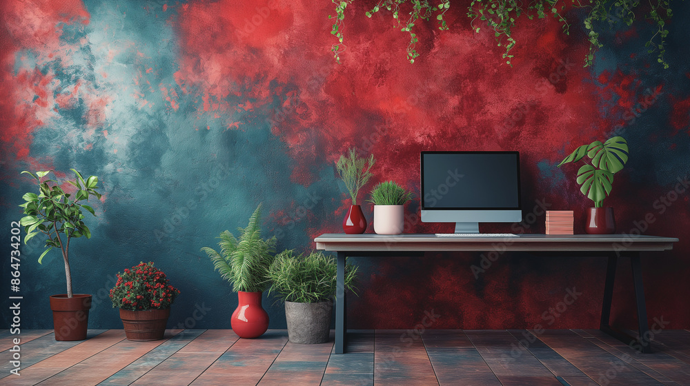 Aufkleber a computer desk with a monitor and a keyboard. the desk is surrounded by potted plants and vases. th