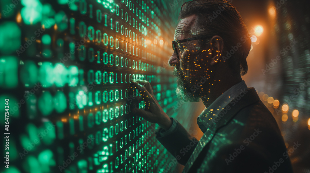 Poster a man is touching a computer screen with his finger. the screen is filled with binary code and the m
