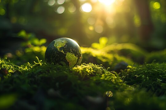Green globe on forest moss with abstract sunlight background.