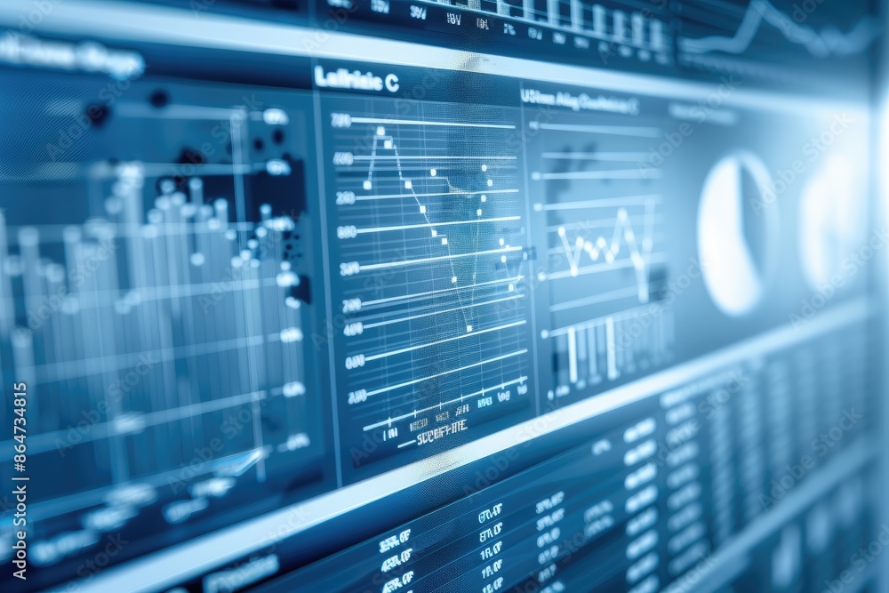 Poster computer screen displaying colorful data visualization charts and graphs, financial data and busines