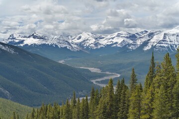 Beautiful views of the Canadian rocky mountains covered with snow