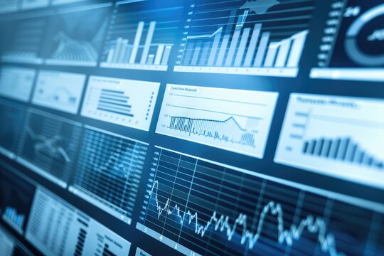 Computer Screen Displaying Colorful Data Visualization Charts and Graphs, Financial Data and Business Analytics