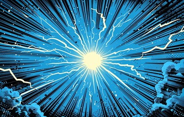 Obraz premium Dynamic comic-style rays emanating from a bright center on a blue background.