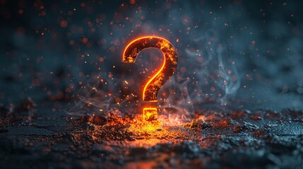 A glowing, fiery question mark is surrounded by a smoky, dark background with light reflections, creating a striking and dramatic effect.