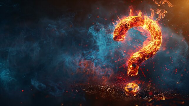 A glowing, fiery question mark is surrounded by a smoky, dark background with light reflections, creating a striking and dramatic effect.