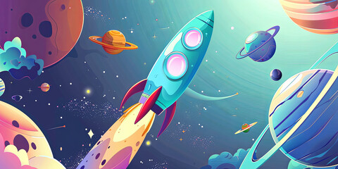 Obraz premium illustration of a rocket ship in space with planets, generative AI