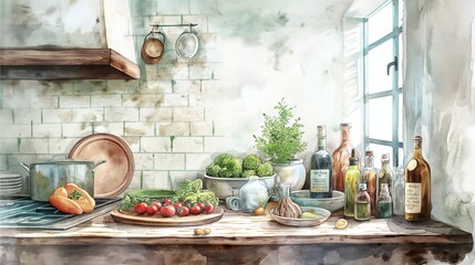 Custom vertical slats with your photo A  kitchen with food items background, in watercolor style.
