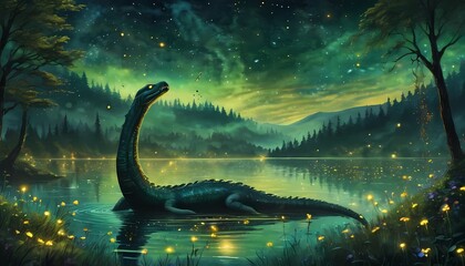 serene Loch Ness Monster in the lake amid a lush mythical dark forest illuminated by fireflies during the night, Generative AI