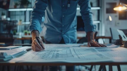 Architect working on blueprints in a modern office, focusing on design and planning details with precision and creativity.