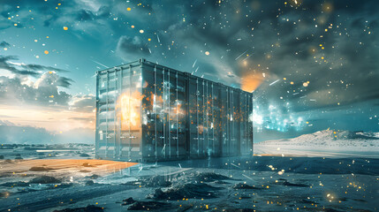 A mysterious shipping container emits light in a surreal landscape.