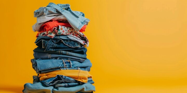 Pile of Clothes on Yellow Background, Showcasing Upcycling, Second-Hand Market, Clothing Donation, Charity Activities, Volunteer Services, Laundry, and Organization, AI-Generated High-Resolution Wallp