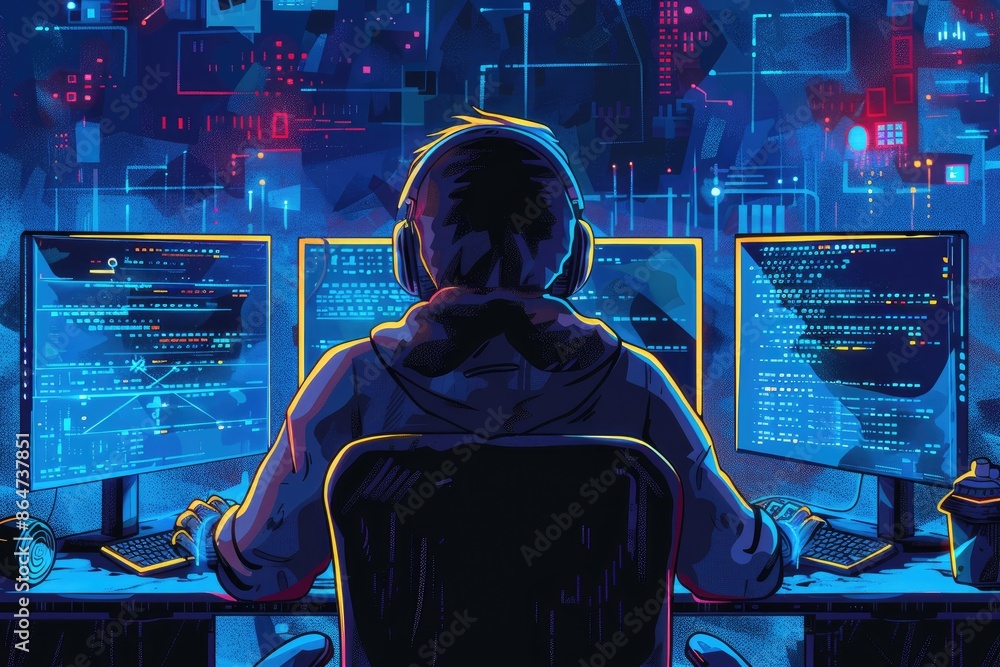Poster hooded hacker working at desk with computer monitors in dark room. nighttime cyber attack scene