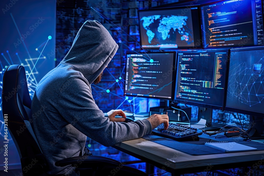 Poster hooded hacker working at desk with computer monitors in dark room. nighttime cyber attack scene