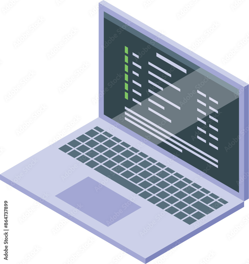 Poster laptop showing programming code on screen, isometric view
