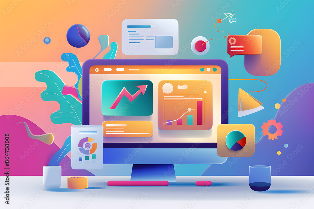 Poster a computer screen displays colorful charts and graphs, surrounded by abstract geometric shapes.