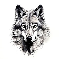 wolf head illustration Detailed black and white drawing of a wolf's face