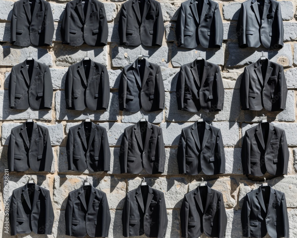 Poster monochrome display of black suits arranged on gray cobblestone background in bright daylight