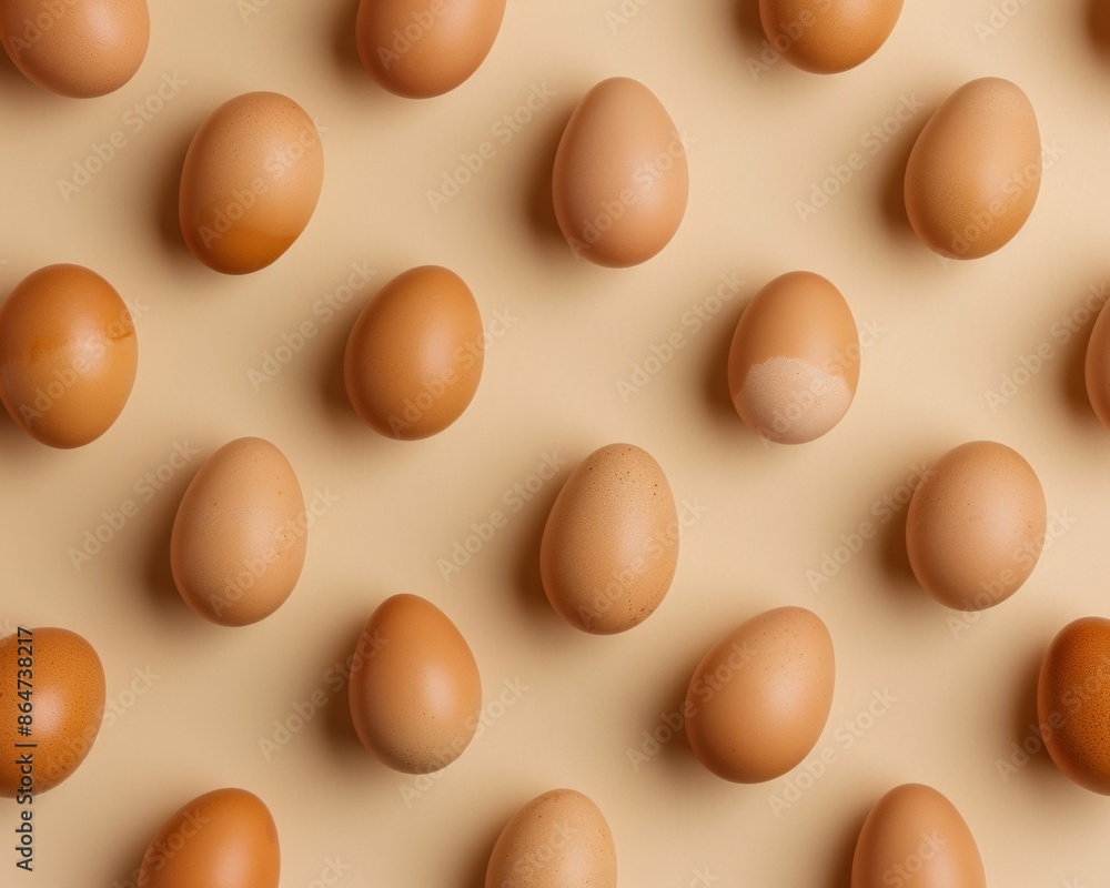 Poster sunny morning patterns brown eggs on a beige background with soft shadows and warm colors