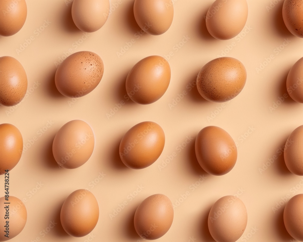 Poster sunny morning pattern consistently spaced brown eggs on a beige background with soft shadows