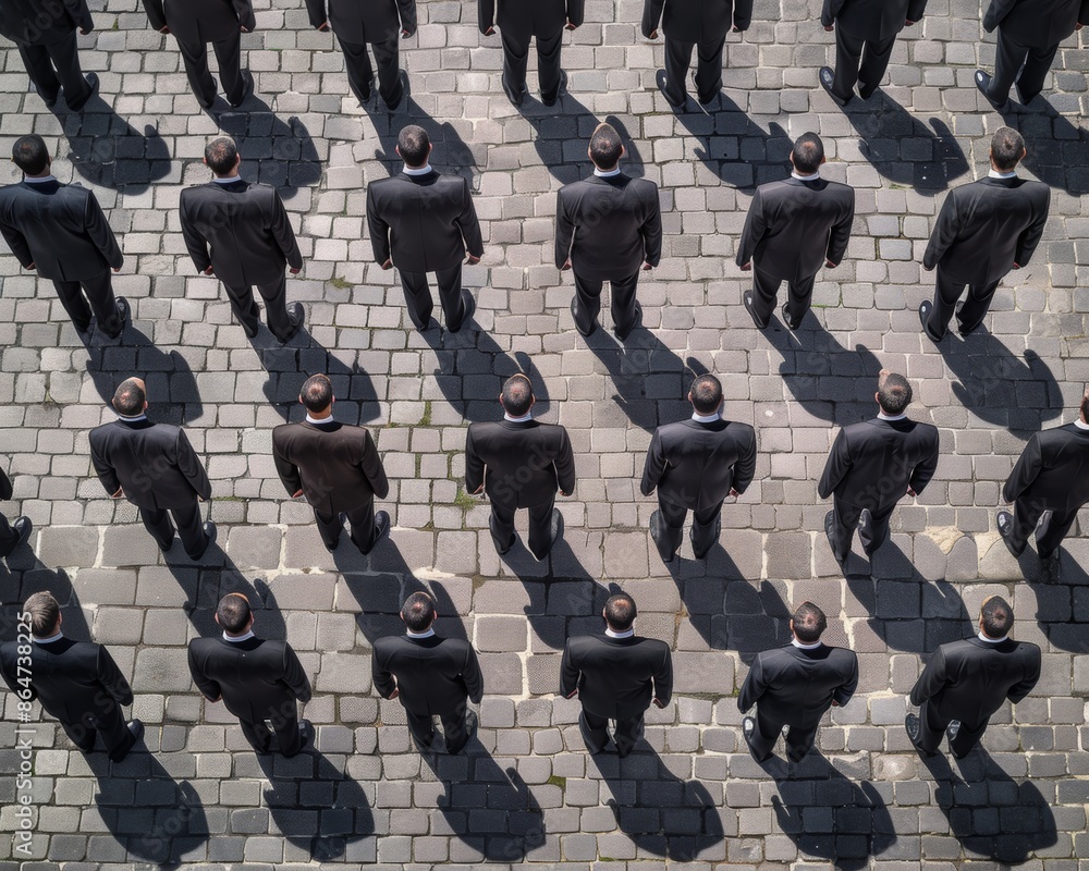 Poster organized display of individuals in black suits on a gray cobblestone background, illuminated by sof