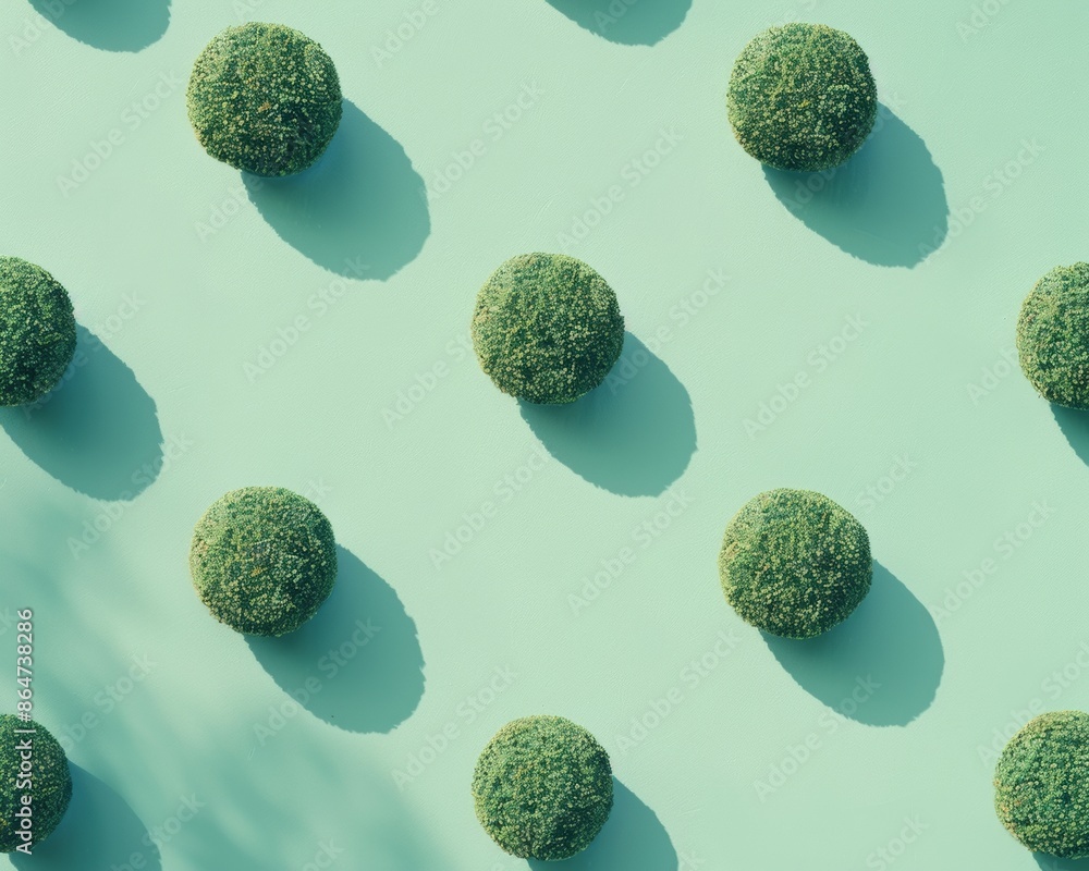 Poster serene display of green topiary balls on pastel blue background in dreamy daylight setting
