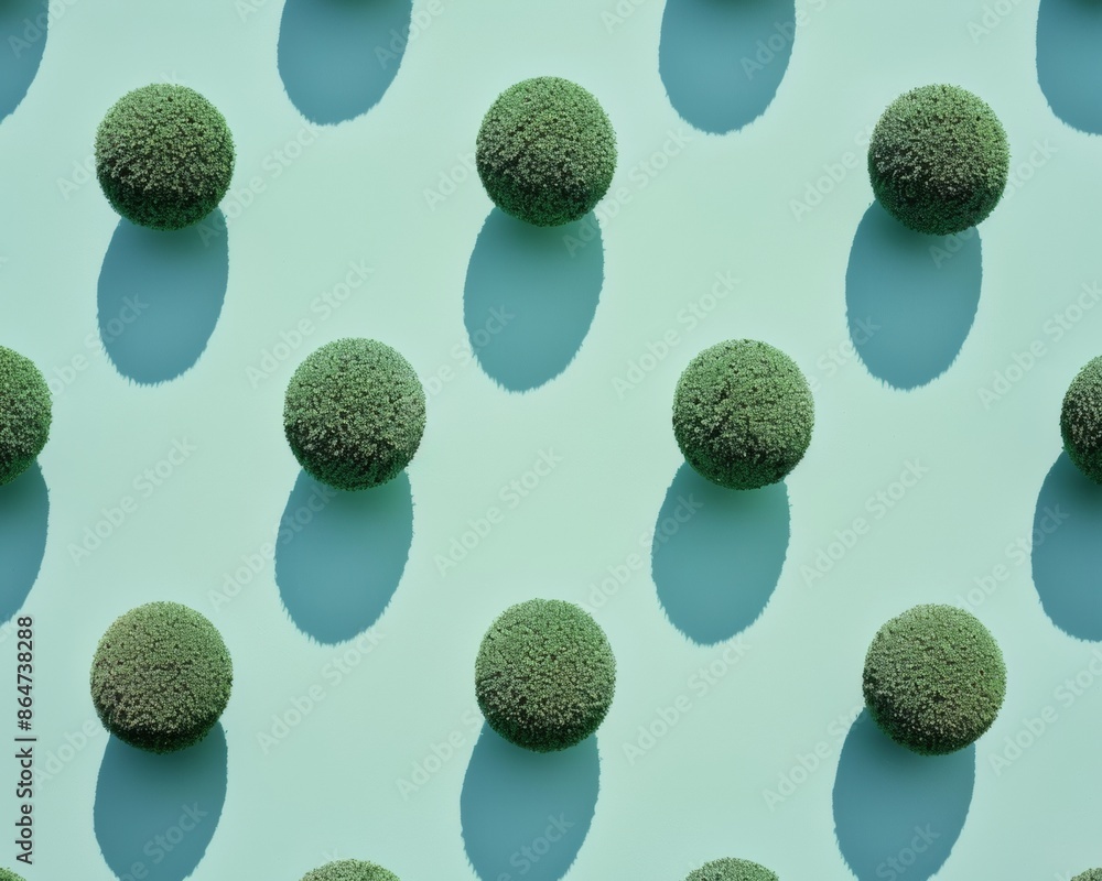 Poster dreamy day with topiary balls on a pastel blue background simple, clean composition with soft shadow