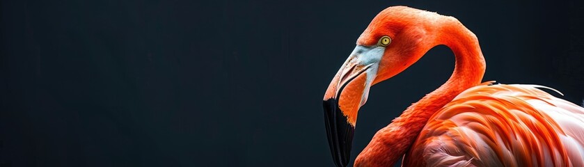 Close-up of a vibrant orange flamingo against a dark background, highlighting its vivid plumage and distinctive beak.
