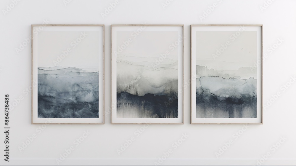Poster three modern abstract art posters with a minimalistic approach, hung in a row on a white wall. the p