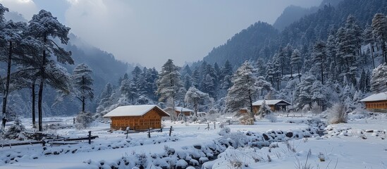 Snowy Mountain Village with Wooden Cabins