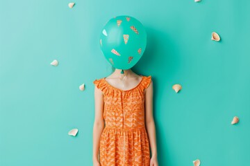 Naklejka premium Surreal Beach Day Woman with Balloon Head in Vibrant Summer Dress on Turquoise Sandy Shore